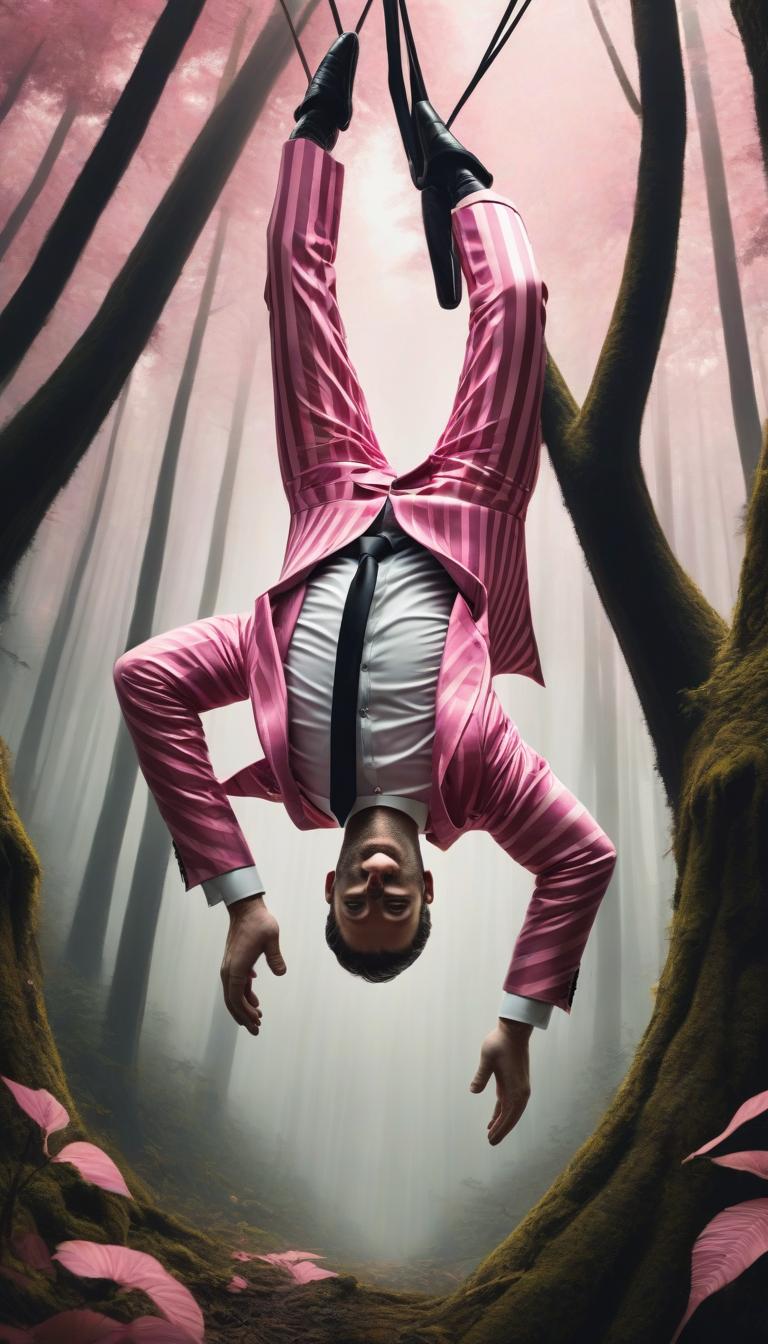  concept art color pink, white, black, gold forest a man in a striped suit hanging upside down . digital artwork, illustrative, painterly, matte painting, highly detailed, perfect hands