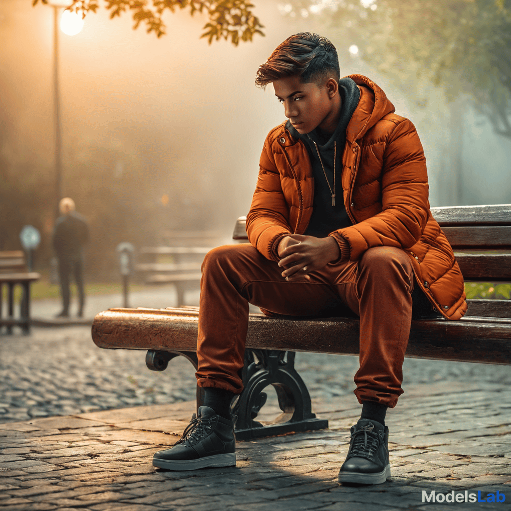  a boy sitting on a bench hyperrealistic, full body, detailed clothing, highly detailed, cinematic lighting, stunningly beautiful, intricate, sharp focus, f/1. 8, 85mm, (centered image composition), (professionally color graded), ((bright soft diffused light)), volumetric fog, trending on instagram, trending on tumblr, HDR 4K, 8K