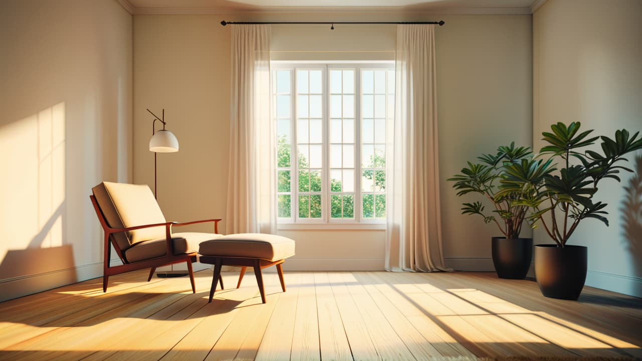  a serene, sunlit room with a single, elegant chair, a small potted plant, and large windows revealing a tranquil outdoor landscape, embodying calmness and simplicity of minimalist living. hyperrealistic, full body, detailed clothing, highly detailed, cinematic lighting, stunningly beautiful, intricate, sharp focus, f/1. 8, 85mm, (centered image composition), (professionally color graded), ((bright soft diffused light)), volumetric fog, trending on instagram, trending on tumblr, HDR 4K, 8K