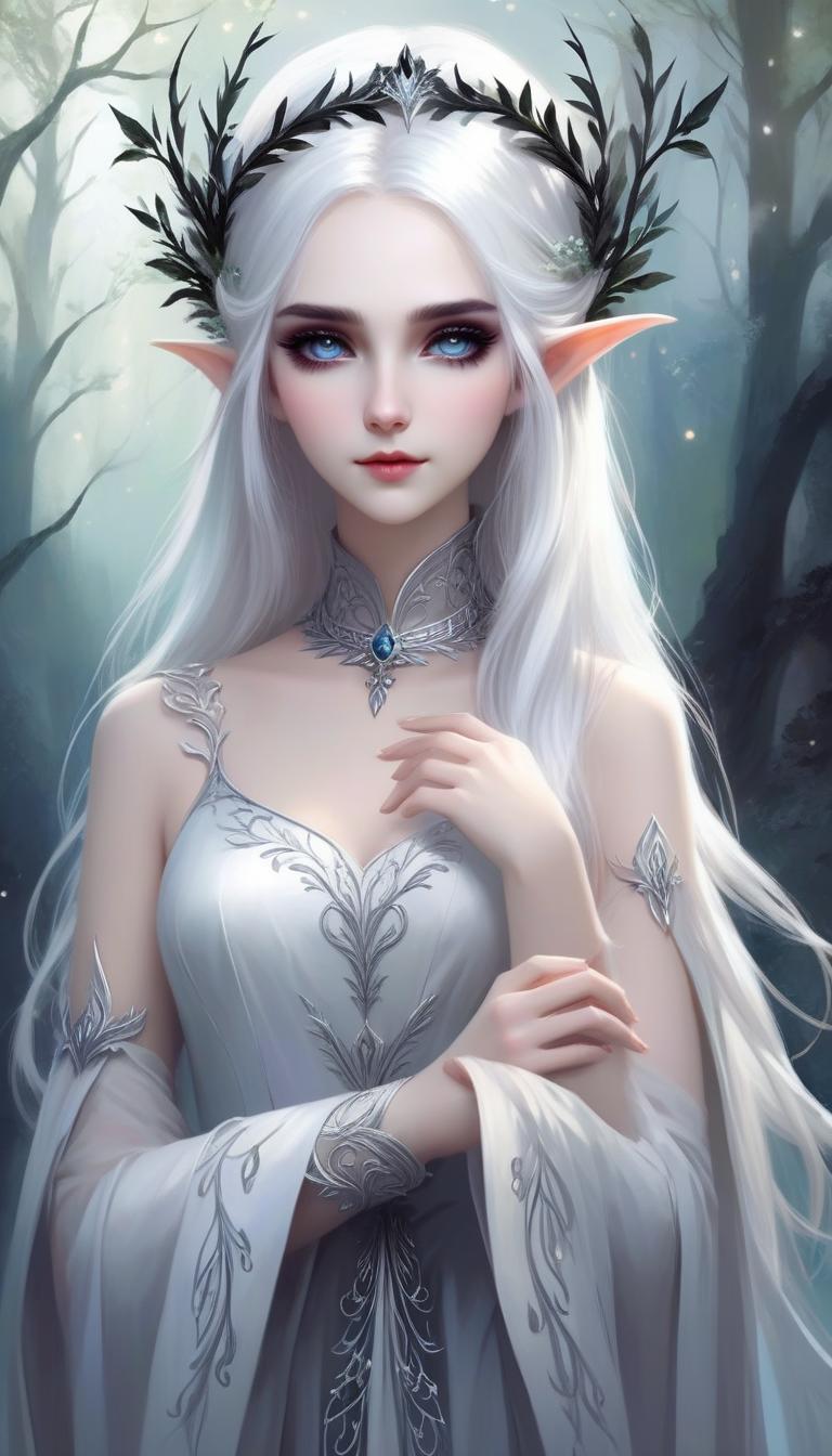  ethereal fantasy concept art of portrait, pale elven female, white hair and eyes, with black fethered wreath, standing with her back in a half turn, abstract background, dark and depressing, gothic makeup . magnificent, celestial, ethereal, painterly, epic, majestic, magical, fantasy art, cover art, dreamy, perfect hands