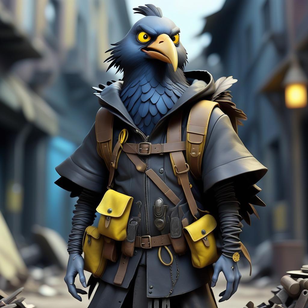  dystopian style black with blue tint avian humanoid race with crow head alchemist, small beak, crazy yellow eyes, mad and funny grimace, feathers ruffled, wearing travelers rags and leather cloak with lots of pockets, has big backpack with pockets, bomb in hand, magical laboratory background . bleak, post apocalyptic, somber, dramatic, highly detailed, hkmagic