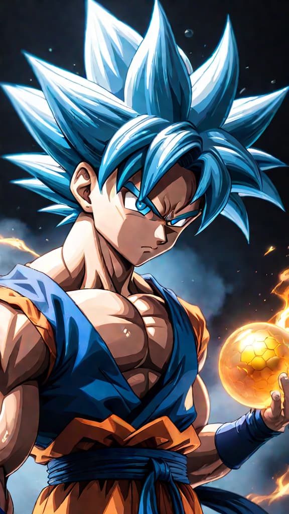  anime art of goku from dragon ball showcasing a fusion of ultra instinct with super saiyan blue. hyperrealistic, full body, detailed clothing, highly detailed, cinematic lighting, stunningly beautiful, intricate, sharp focus, f/1. 8, 85mm, (centered image composition), (professionally color graded), ((bright soft diffused light)), volumetric fog, trending on instagram, trending on tumblr, HDR 4K, 8K