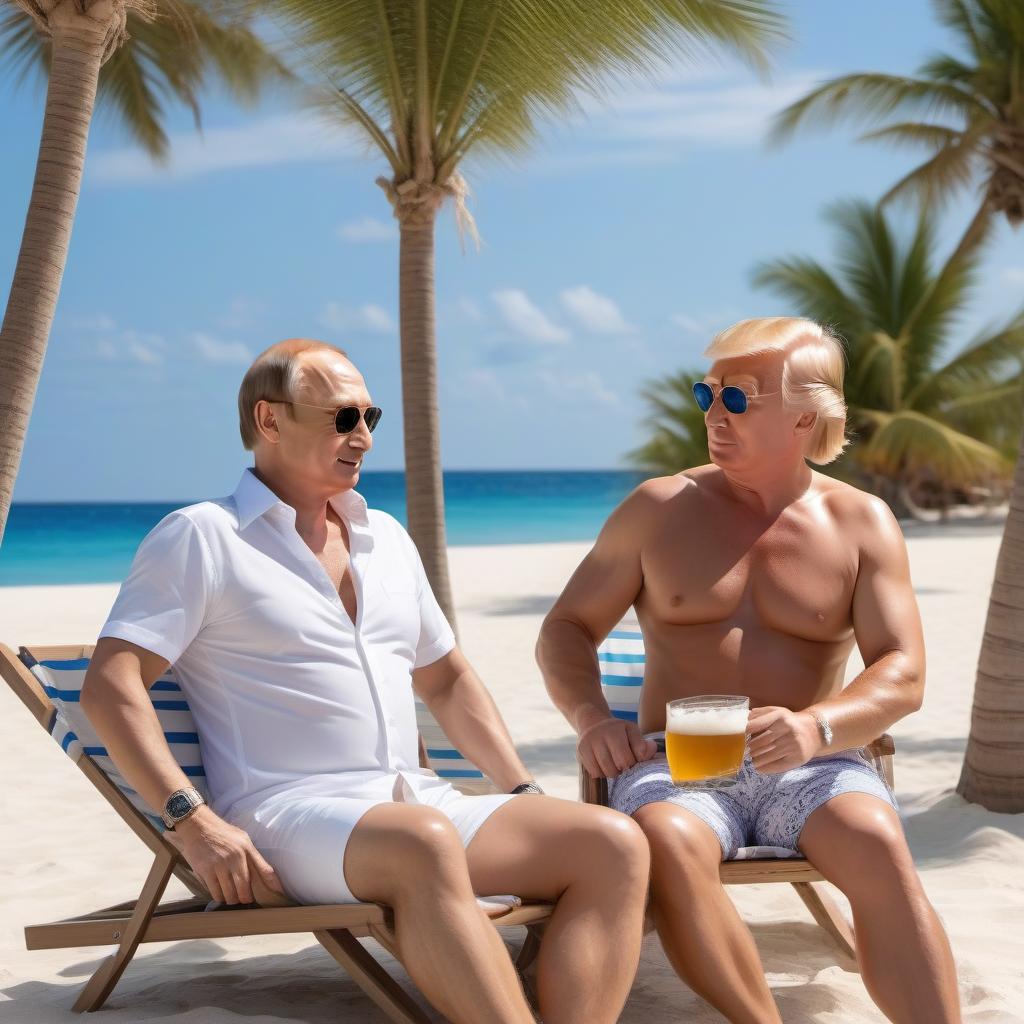  Vladimir Putin and Donald Trump on vacation by the sea, on sun beds, in shirts and shorts , a mug of beer in hand , sand , crabs , shells , starfish , palm trees, very beautiful nature, high detail, quality 50000K