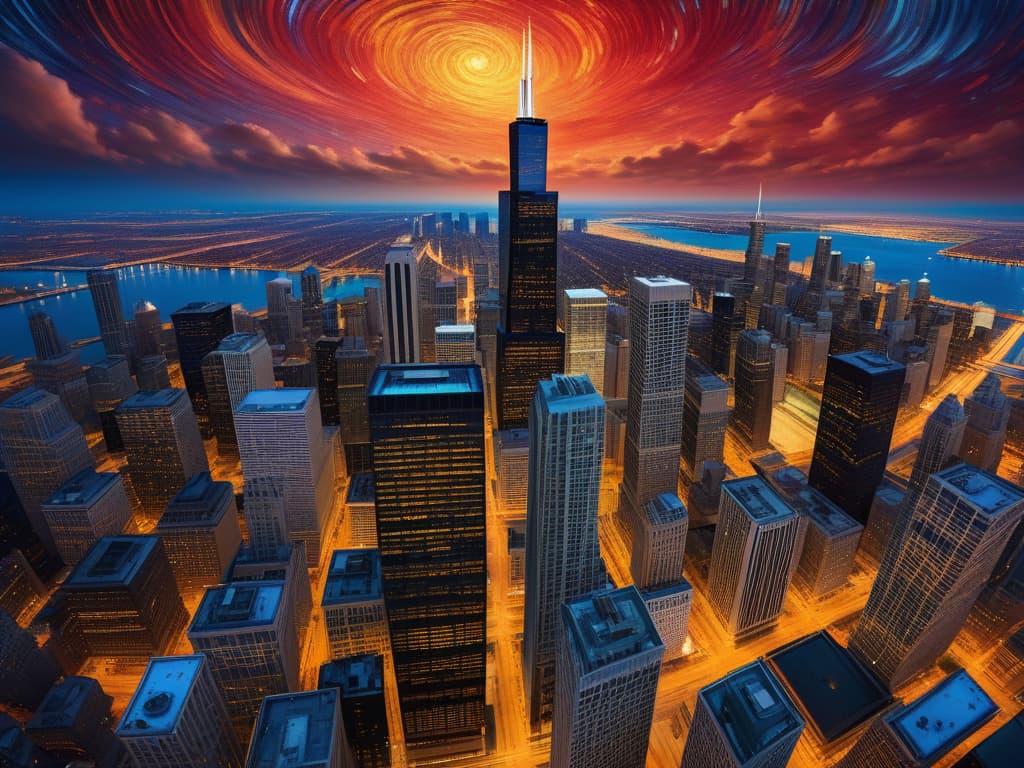  ethereal fantasy concept art of chicago’s sears tower, chicago’s crain’s communications building, drone view, tilt shift, van gogh's starry starry night with colorful red and orange swirls in the beautiful night sky, cloud gate reflects the colorful van gogh swirls in the sky, hyper realistic, chicago skyline, mesmerizing, intricate details, flambient golden and red sunrise, dramatic lighting, epic composition, wide angle, cinematic, masterpiece, high resolution, sharp details, best quality, 4k, raw photo, van gogh influence, studio lighting, impressionist, bold colors, starry sky, architectural elements, medium format lens, high angle, cityscape, city life, metropolitan, van gogh's brushstrokes, van gogh's shadows, van gogh's colors,