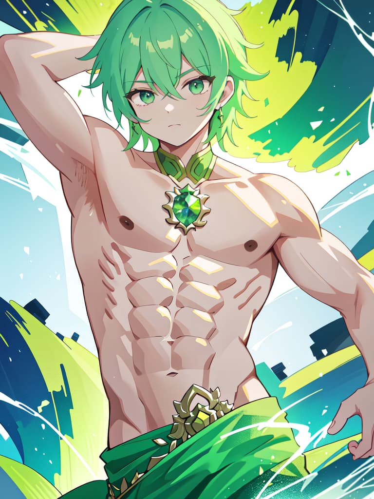  green hair male with beautiful abs, masterpiece, best quality,8k,ultra detailed,high resolution,an extremely delicate and beautiful,hyper detail