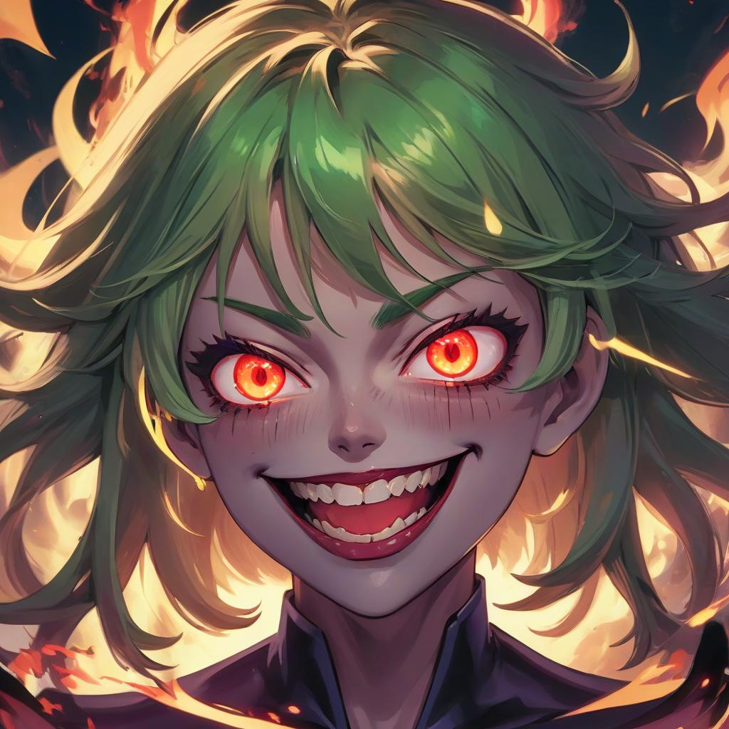  a close up of a demonic face with glowing eyes, rossdraws global illumination, jinx expression, 2 0 1 9 anime, anime keyframe, tatsumaki, aliased, by zhou jichang, epic comic book art, portrait of joker, furious gorgeous woman, evil crazy laugh, colorful fire, luminous