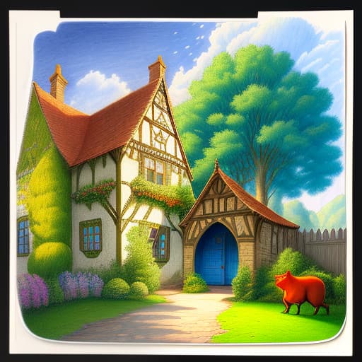  three pigs near the house, a pencil illustration to a fairy tale in the old english style, a cute illustration, bright, bright colors