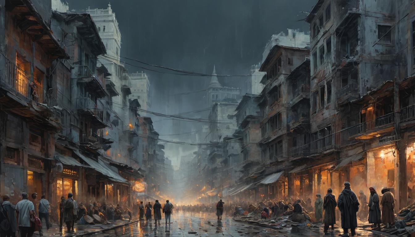  digital painting of a multitude of people with downcast faces, streets littered with remnants of daily life, a prophet in the foreground with arms outstretched, beseeching gaze, atmosphere of regret, a cityscape in despair looking at viewer, dynamic pose, (intricate details, masterpiece, best quality)