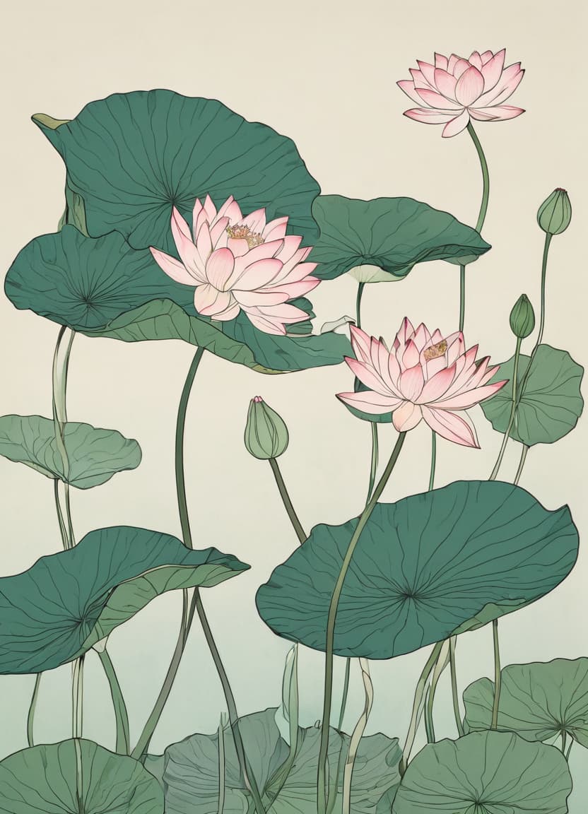  minimalism, the images features individual lotus flowers and leaves, each illustrated with fine detail, highlighting their unique textures and curvature. the flowers and leaves vary. each plant carries its own distinct form, emphasizing their organic and fluid shapes., abstract, simple geometic shapes, hard edges, sleek contours, minimalism