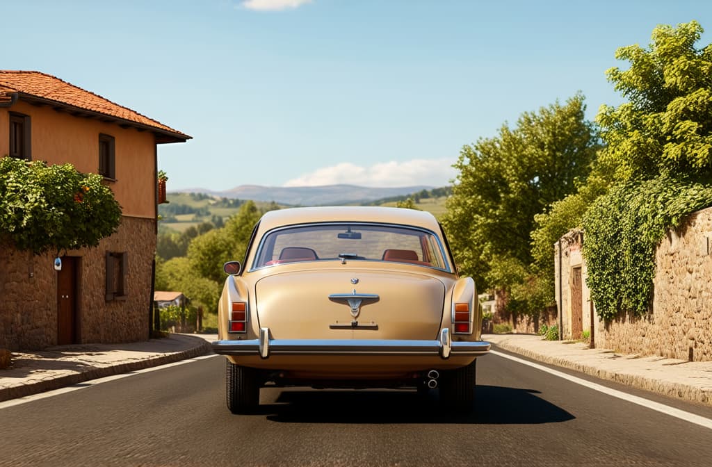  retro beige car drives along a small village street, small houses on the sides of the road ar 3:2 {prompt}, maximum details