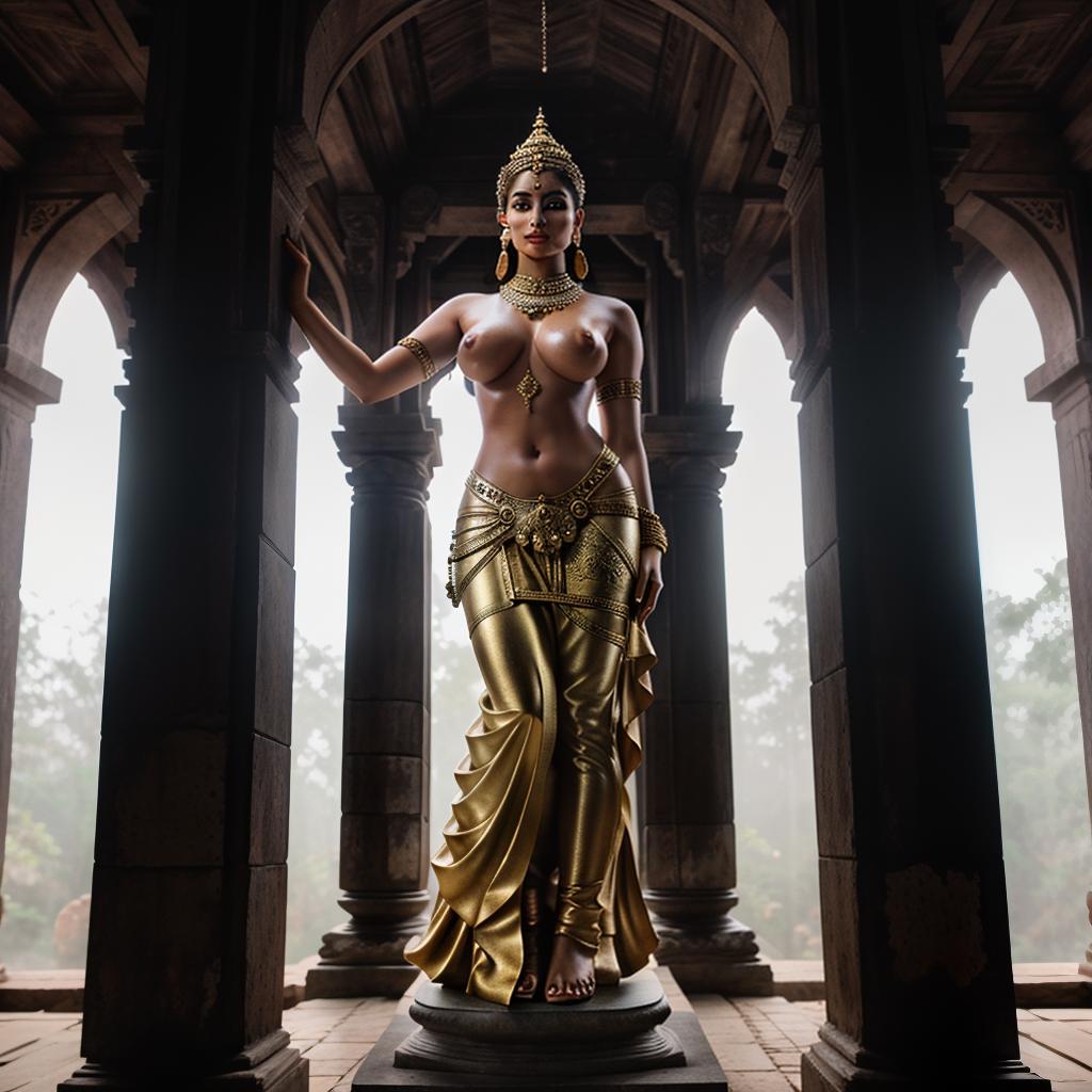  stone statue of a beautiful naked Bengali goddess with big breasts inside a old bengali temple in a Bengali village hyperrealistic, full body, detailed clothing, highly detailed, cinematic lighting, stunningly beautiful, intricate, sharp focus, f/1. 8, 85mm, (centered image composition), (professionally color graded), ((bright soft diffused light)), volumetric fog, trending on instagram, trending on tumblr, HDR 4K, 8K