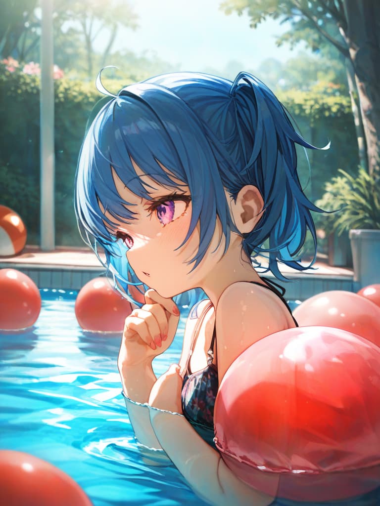  twin tails, blue hair, , ren wearing gles, infants, swimwear, pool, masterpiece, best quality,8k,ultra detailed,high resolution,an extremely delicate and beautiful,hyper detail