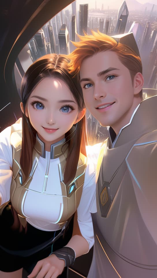  white man and woman, reaching out towards the camera/viewer, smiling, futuristic city, 4k, cinematic lighting, anime artwork, anime style, key visual, vibrant, studio anime, highly detailed