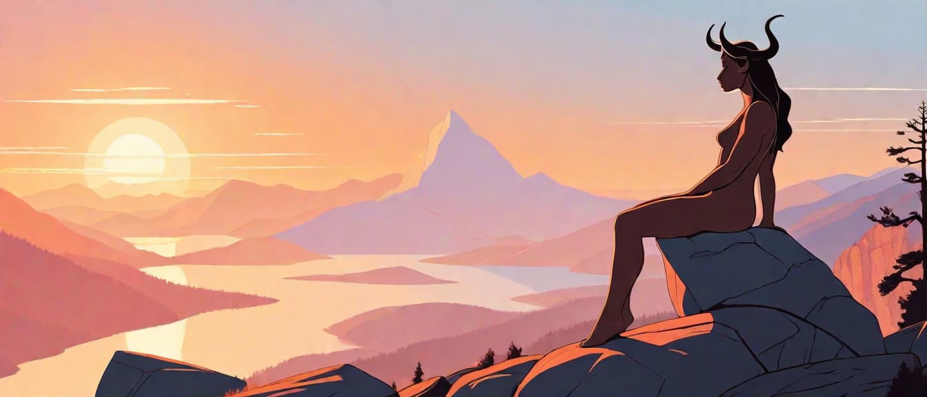  minimalism, draw a girl minotaur sitting on the rock in the mountains and looking into sunset., abstract, simple geometic shapes, hard edges, sleek contours, minimalism