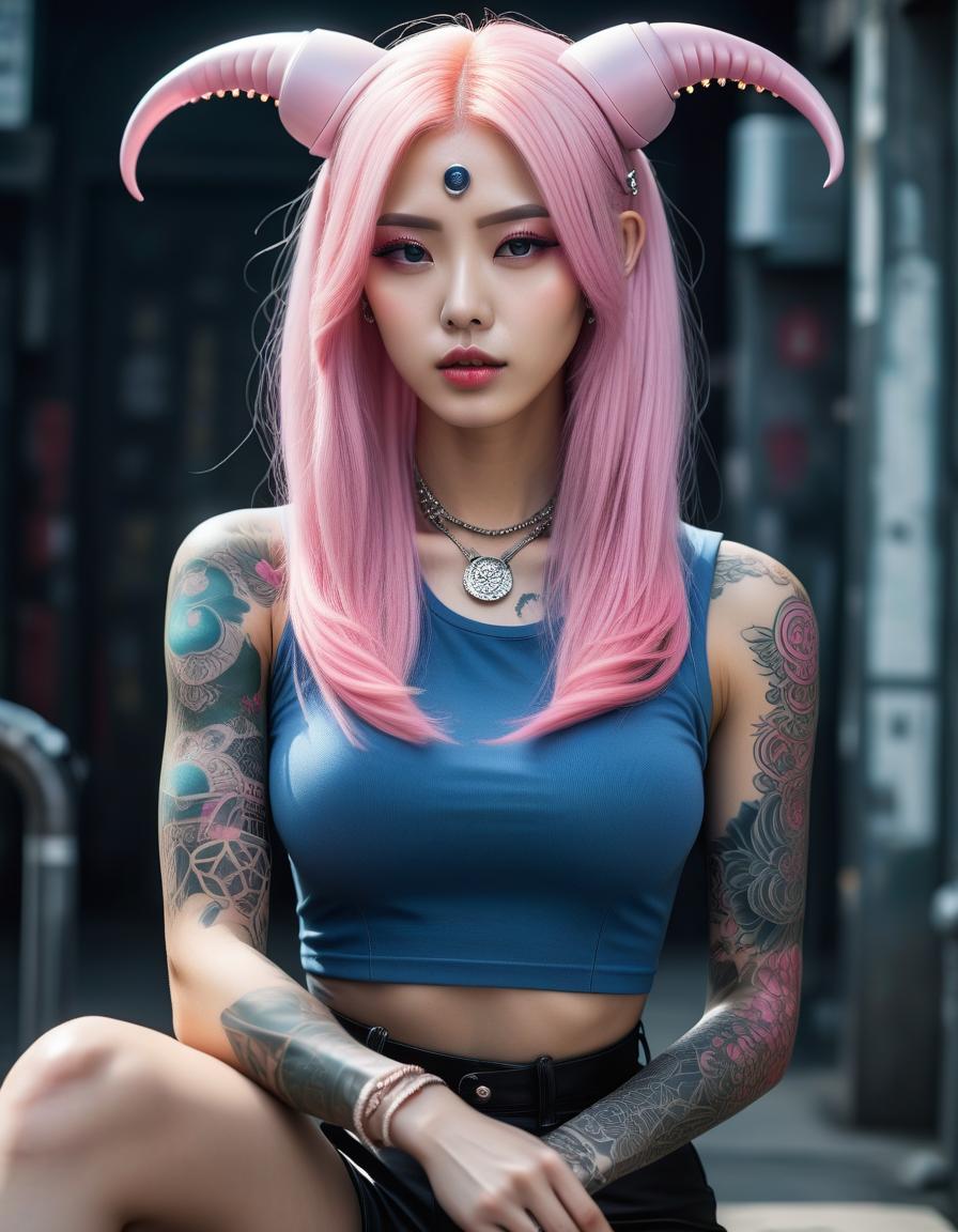  alien themed informal korean young , full body, white skin, perfect skin, распущенные волосы,long white hair, pink hair, delicate face, full body, slender legs, high heeled ylons, leg tattoos, round heads, cat ears on her head, build, delicate facial features, tattoo on her face, a lot of piercings on her face, , close , gloss close , tattoos on her arms, tattoos on her , piercing, informal style,show together with the legs , extreme detailing, 8k, realistic, hyperrealisme, masterpiece, digital photo, . extraterrestrial, cosmic, otherworldly, mysterious, sci fi, highly detailed, perfecteyes hyperrealistic, full body, detailed clothing, highly detailed, cinematic lighting, stunningly beautiful, intricate, sharp focus, f/1. 8, 85mm, (centered image composition), (professionally color graded), ((bright soft diffused light)), volumetric fog, trending on instagram, trending on tumblr, HDR 4K, 8K