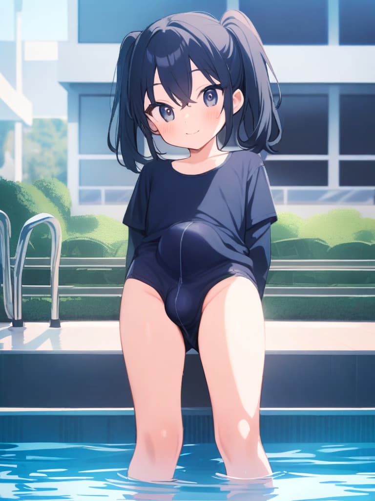  junior s, twin tails, cute smiles, dark blue hits, dark blue swimwear, dark blue swimwear, clear (double ual equipment, shaped clear, bulge, male bulging), front legs, whole body, pool, pool,