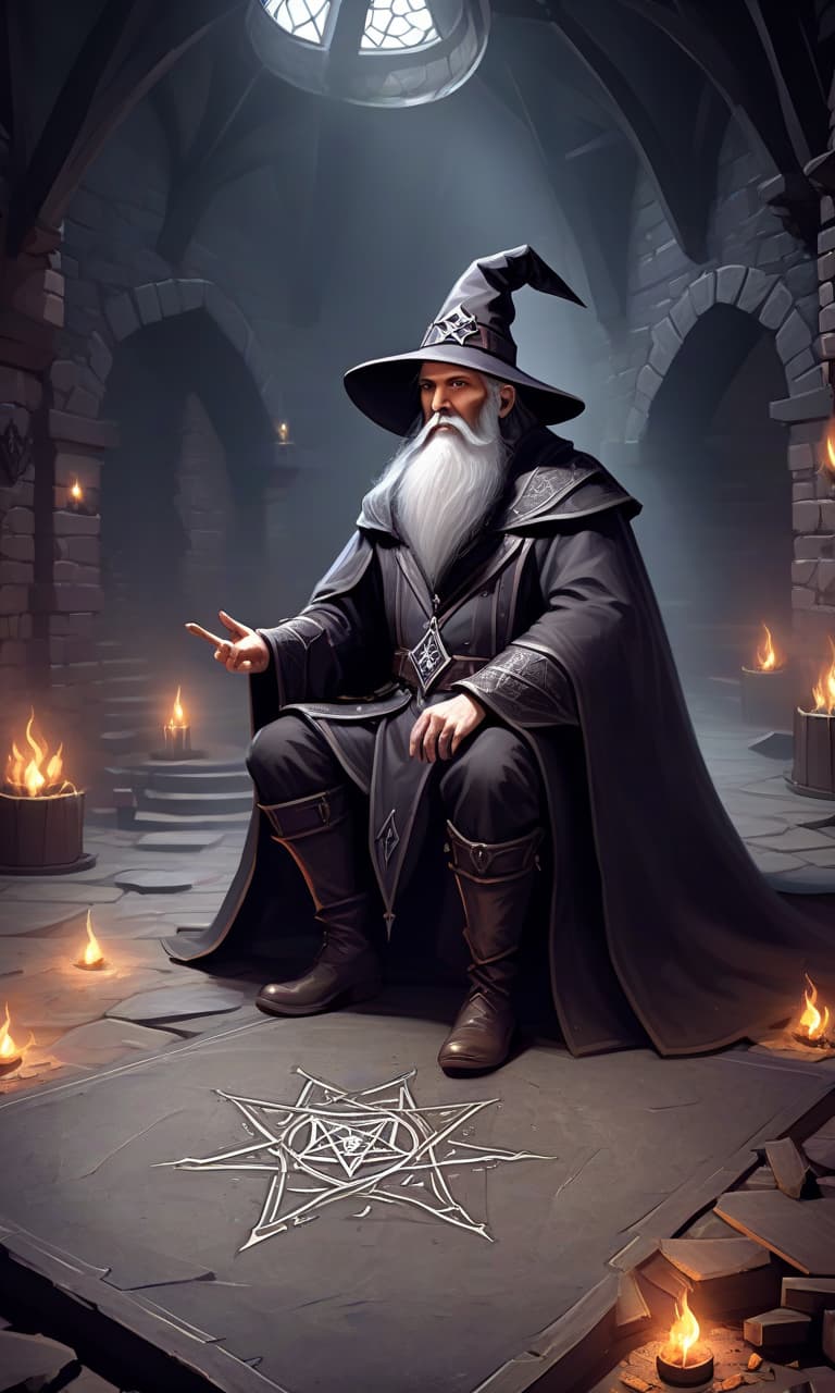  role playing game (rpg) style fantasy in the dungeon there is a sorcerer in dark clothes. the fields of the hat are wider than the shoulders. there are pentagrams on the floor. you can't see the wizard's face. i can only see my grey beard . detailed, vibrant, immersive, reminiscent of high fantasy rpg games