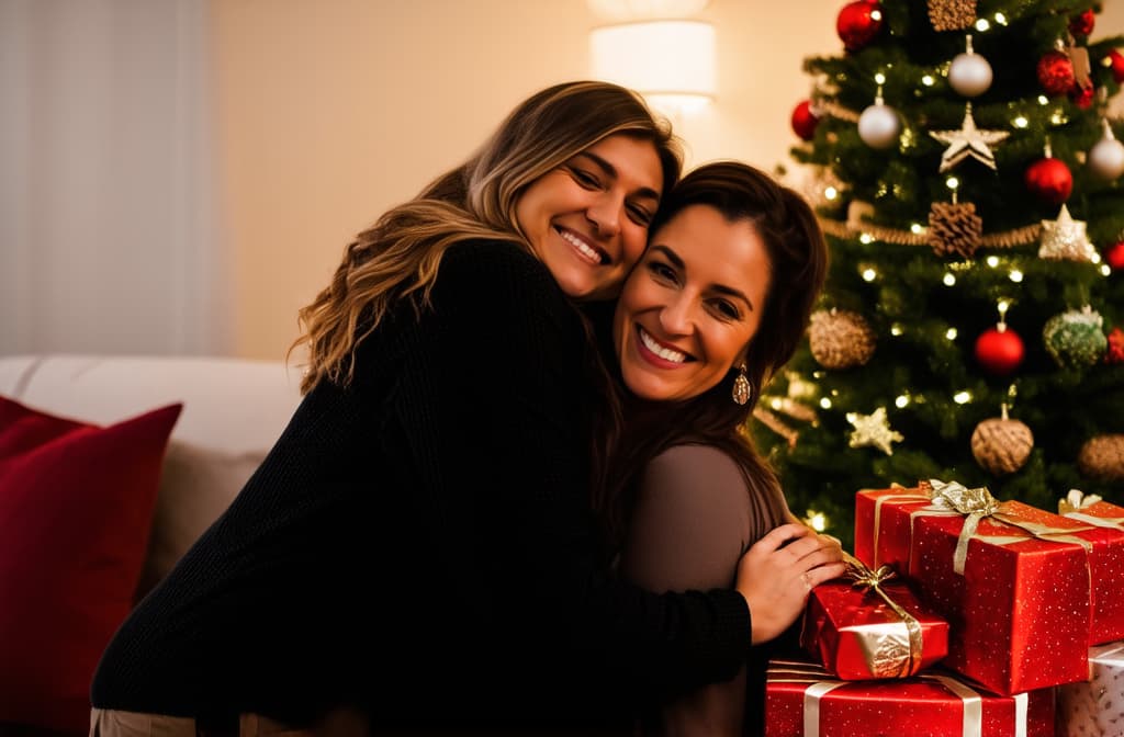  professional detailed photography, young woman with her , and mother woman hug, at christmas in living room with christmas presents and christmas tree. ar 3:2, (muted colors, dim colors, soothing tones), (vsco:0.3)