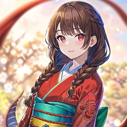  master piece , best quality,fragile girl, kimono, brown hair, red eyes, braids, dragon god