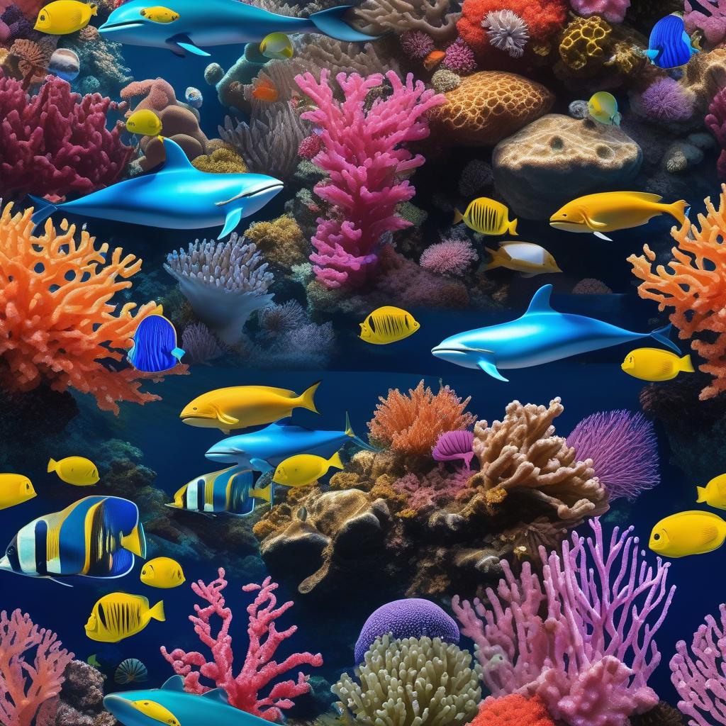  masterpiece, best quality, Most Beautiful in deep sea teeming with vibrant corals, diverse marine life, and enchanting underwater landscapes, full of corals, acrophore, small fishes, anemones, dolphin, various algaes, caves, colorful,all captured in stunning 8k resolution with intricate details.