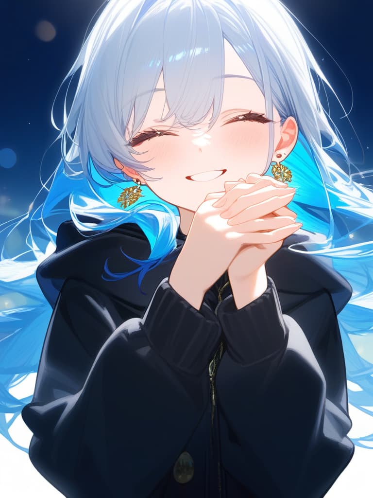  {(500 thanks),(text)},1girl,best quality,(gradation hair:1.3),white hair,blue hair,masterpiece,(black parka:1.3),(((own hands together))),bob,(earrings:1.3),joyful,(endearing smile),looking at the camera,close up,