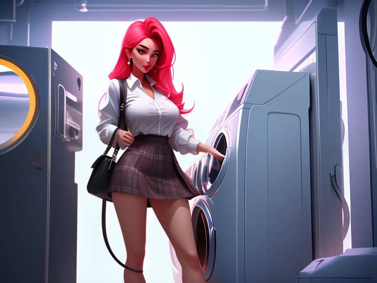  A full length beautiful young woman in a very short skirt is standing next to a washing machine hyperrealistic, full body, detailed clothing, highly detailed, cinematic lighting, stunningly beautiful, intricate, sharp focus, f/1. 8, 85mm, (centered image composition), (professionally color graded), ((bright soft diffused light)), volumetric fog, trending on instagram, trending on tumblr, HDR 4K, 8K