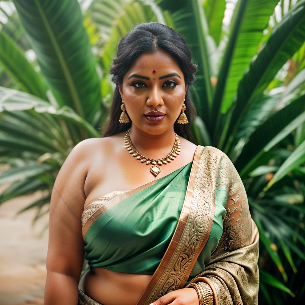  A Huge chubby Woman with Big Banana in, Saree and pallu, Clean face, Banana Trees, No saturation, low vibrant, portrait hyperrealistic, full body, detailed clothing, highly detailed, cinematic lighting, stunningly beautiful, intricate, sharp focus, f/1. 8, 85mm, (centered image composition), (professionally color graded), ((bright soft diffused light)), volumetric fog, trending on instagram, trending on tumblr, HDR 4K, 8K