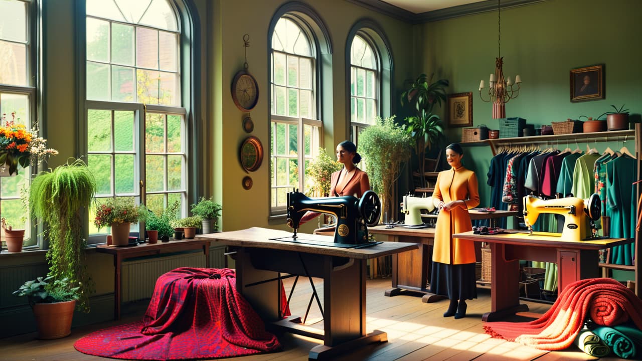  a vibrant workshop scene showcasing artisans transforming discarded clothing into stylish garments, surrounded by colorful fabrics, sewing machines, and tools, with a backdrop of greenery and sunlight filtering through large windows. hyperrealistic, full body, detailed clothing, highly detailed, cinematic lighting, stunningly beautiful, intricate, sharp focus, f/1. 8, 85mm, (centered image composition), (professionally color graded), ((bright soft diffused light)), volumetric fog, trending on instagram, trending on tumblr, HDR 4K, 8K