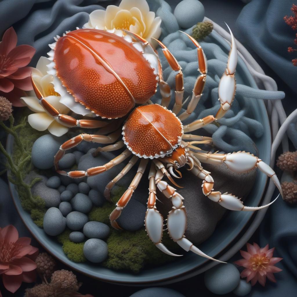  Ikebana with porcelain crab hyperrealistic, full body, detailed clothing, highly detailed, cinematic lighting, stunningly beautiful, intricate, sharp focus, f/1. 8, 85mm, (centered image composition), (professionally color graded), ((bright soft diffused light)), volumetric fog, trending on instagram, trending on tumblr, HDR 4K, 8K