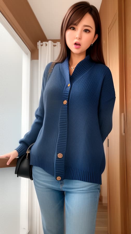  Room, dark, blue buttoned sweater, brown hair, semi-straight long woman, surprised face.