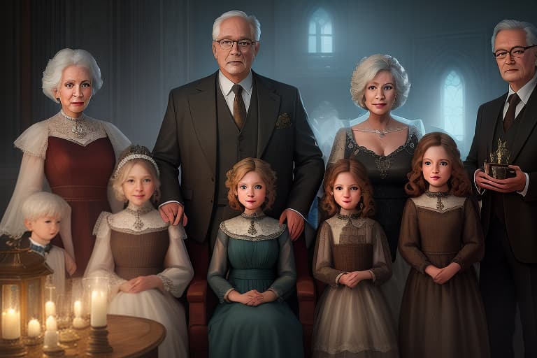  a picture of a family of 12 people: grandma, grandpa, mom, dad, sister, her husband, their two children, brother and two children hyperrealistic, full body, detailed clothing, highly detailed, cinematic lighting, stunningly beautiful, intricate, sharp focus, f/1. 8, 85mm, (centered image composition), (professionally color graded), ((bright soft diffused light)), volumetric fog, trending on instagram, trending on tumblr, HDR 4K, 8K