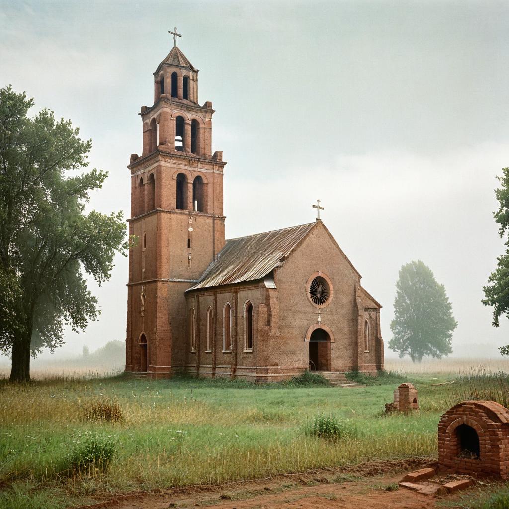  analog film photo an ancient ruined christian church in an eclectic style with a red brick bell tower, stands in a field, there is fog around, crows fly in the sky . faded film, desaturated, 35mm photo, grainy, vignette, vintage, kodachrome, lomography, stained, highly detailed, found footage, film photography style