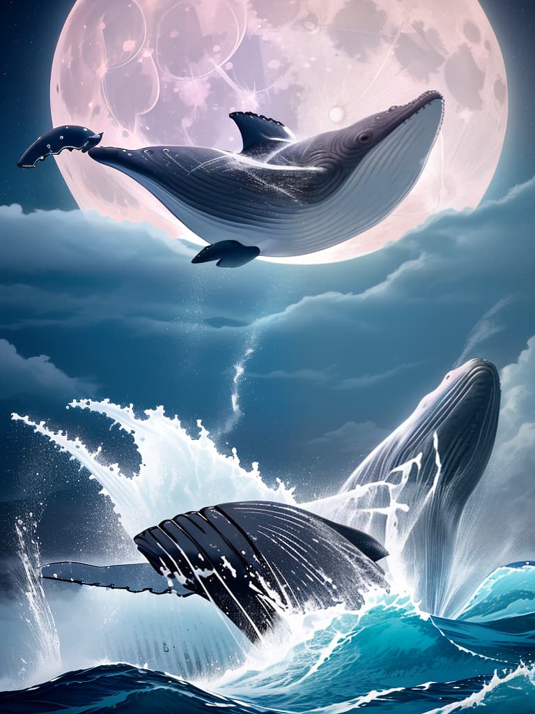  super detailed,8k,high resolution,absurd,employed,detailed,delicately composed,cinematic angles,bold composition,subtle features,{{no people:1.4}}((whale jumping in the ocean)){wide ocean,horizon,big full moon,((whale jumping big against the full moon))shimmering wave splash},top quality,masterpiece,