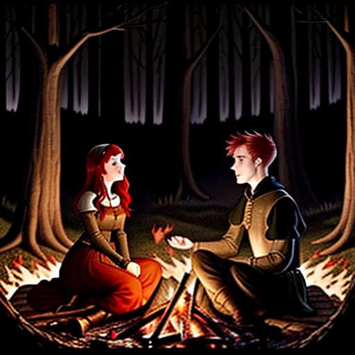  middle ages. night forest on a hill. brunette girl with black eyes and red haired guy are sitting by the fire and talking. long shot