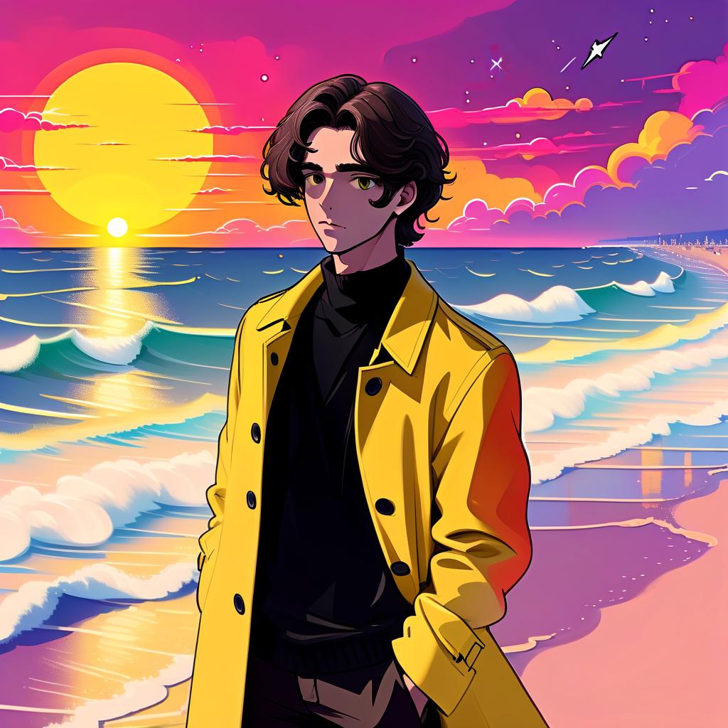  vaporwave style a young man stands alone on the beach. he has long dark brown hair, which flies slightly in the breeze. his face, with pronounced jewish and slavic features, radiates lively energy. brown eyes are full of deep emotions, as if reflecting the vast expanses of the ocean. he wears a bright yellow coat that seems to shine, catching the eye and contrasting with the soft shades of the sunset. under his coat he wears a black shirt and black pants are decorated with yellow elements, creating a stylish and dynamic look. the sunset turns into night, part of the sky is black with stars, and the outgoing red rays fall on the terrain in bright red stripes contrasting with the coming night. the image uses such colors and shades of colors a