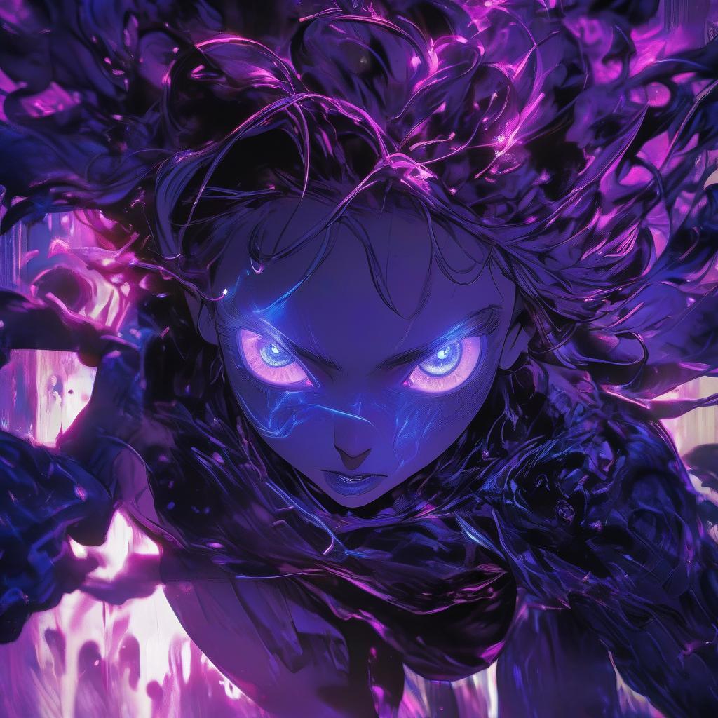  hdr photo of a close up of a person with blue eyes, artwork in the style of guweiz, led glowing purple eyes, oozing black goo, webtoon, cortana, the anime girl is running, synthetic skin, violet lighting, power auras, nezha, f 8, shinkai, art for the film in color, by kanō naizen . high dynamic range, vivid, rich details, clear shadows and highlights, realistic, intense, enhanced contrast, highly detailed