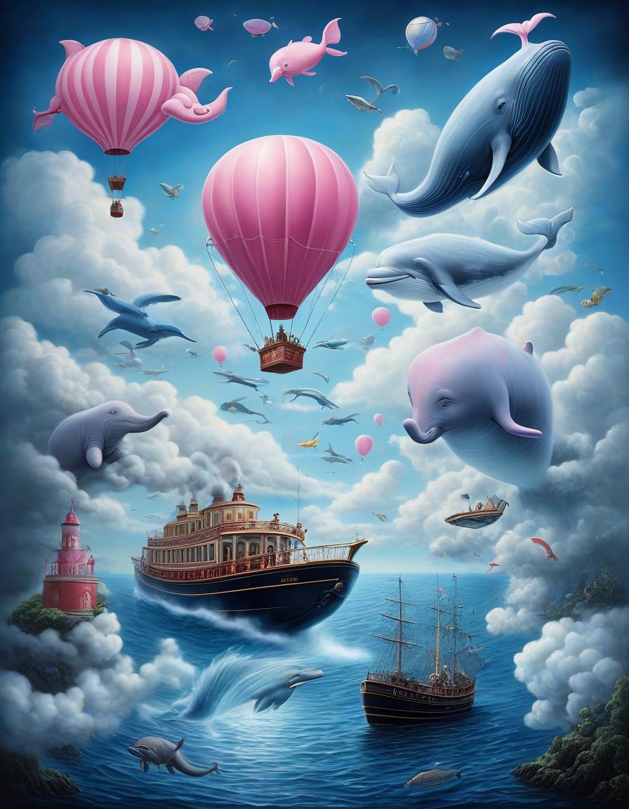  nautical themed paint a painting in which various animals and objects come together in surreal harmony, creating a bizarre world of imagination. a train travels over a bridge in the clouds releasing clouds of steam, ((one pink elephant)) and a hot air balloon flies in the clouds, ((one blue whale jumping out of the sea)). the scene is hyperrealistic and super detailed: a man sits on a pier and drinks coffee. the overall scene looks dreamy, like a dream and an ethereal atmosphere. this work of art conveys the essence of adventure and wonder through its dreamlike composition. digital art, detailed drawing in the style of artificial intelligence technologies. everything is very harmoniously combined, no ugliness . sea, ocean, ships, maritime, 