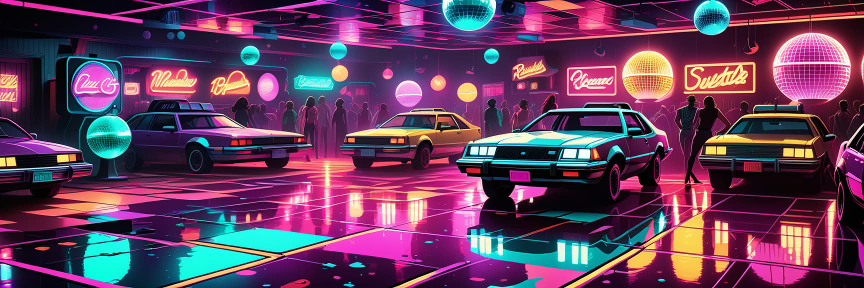  disco themed disco club in the eighties with neon signage, neon style, cyberpunk, at night, with cars near the club, and people, 4k . vibrant, groovy, retro 70s style, shiny disco balls, neon lights, dance floor, highly detailed, t shirt design