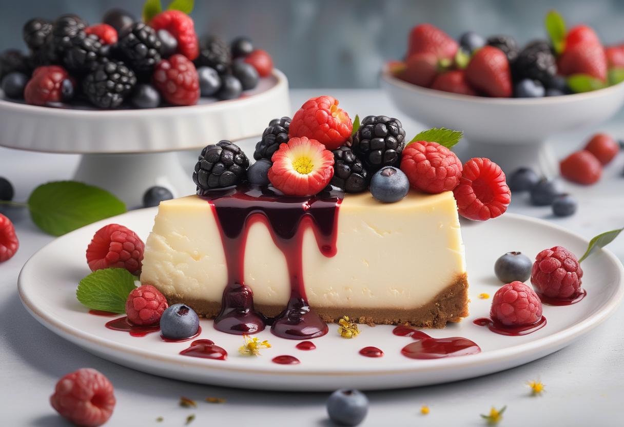  food photography style a very detailed photo of a cheesecake with various berries on top, poured with sauce and decorated with several small flowers . appetizing, professional, culinary, high resolution, commercial, highly detailed