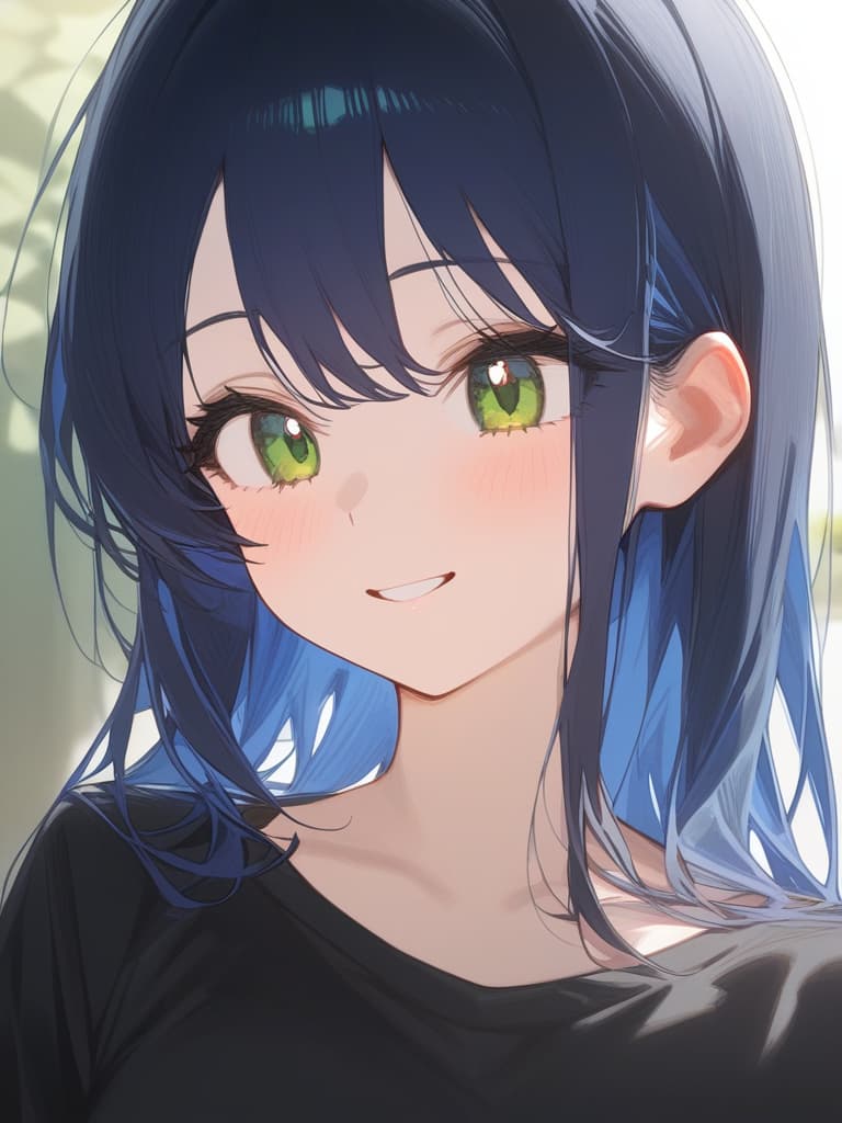  (フルバング:1.4),ultra detailed,blue hair,smile,close up,best quality,bob hair,masterpiece,from front,green eyes,black t shirt