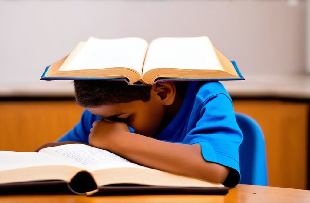  a primary school child put an open book on his head with the cover facing up, tired of studying, sitting at the table ar 3:2 {prompt}, maximum details