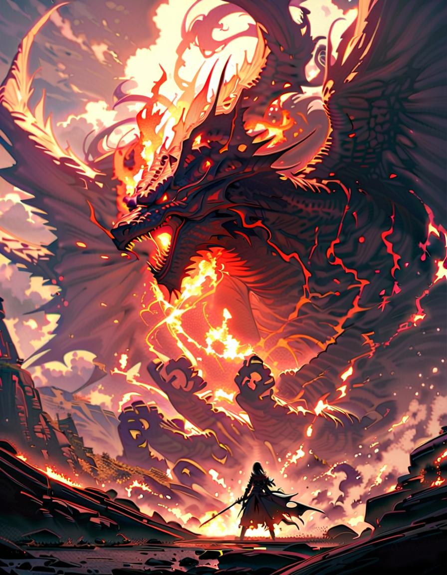  a majestic dragon, manipulating fire and water, creating a storm, determined, break a powerful dragon controlling fire and water, with enormous wings, causing a violent storm on the earth., a mountain peak, rocks, ancient ruins, a swirling storm cloud, a fiery meteor, break turbulent and awe inspiring, lightning, swirling wind, sparks, and flames,