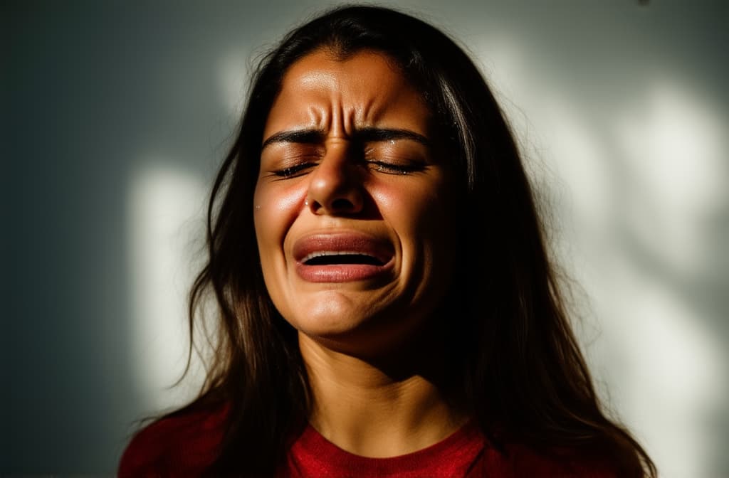  young sad hispanic woman crying with tears streaming down her cheeks. emotional breakdown, closed eyes and closed mouth ar 3:2, (natural skin texture), highly detailed face, depth of field, hyperrealism, soft light, muted colors