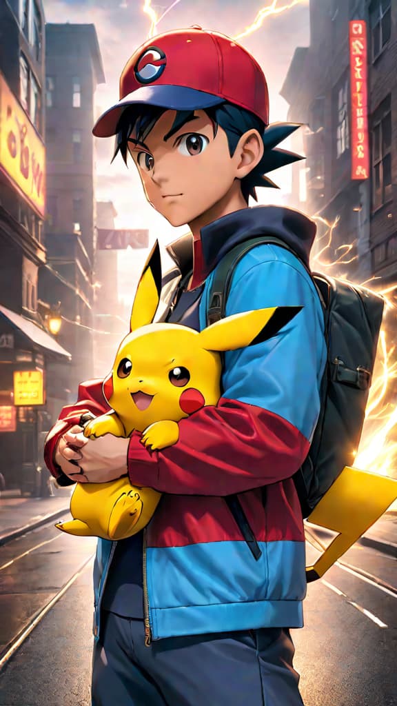  ash ketchum encouraging pikachu with electric sparks around, from pokémon anime, showcasing their strong bond hyperrealistic, full body, detailed clothing, highly detailed, cinematic lighting, stunningly beautiful, intricate, sharp focus, f/1. 8, 85mm, (centered image composition), (professionally color graded), ((bright soft diffused light)), volumetric fog, trending on instagram, trending on tumblr, HDR 4K, 8K