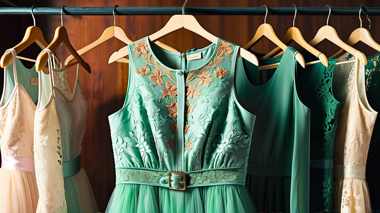  a close up of a vintage dress on a wooden hanger, highlighting intricate lace details, a delicate floral pattern, and a hidden tag with a faded logo, surrounded by soft, warm lighting and textured fabric swatches. hyperrealistic, full body, detailed clothing, highly detailed, cinematic lighting, stunningly beautiful, intricate, sharp focus, f/1. 8, 85mm, (centered image composition), (professionally color graded), ((bright soft diffused light)), volumetric fog, trending on instagram, trending on tumblr, HDR 4K, 8K