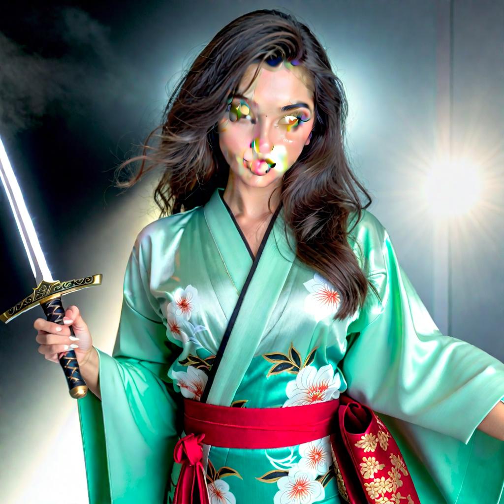  an anime art of a woman wearing a kimono, holding a sword hyperrealistic, full body, detailed clothing, highly detailed, cinematic lighting, stunningly beautiful, intricate, sharp focus, f/1. 8, 85mm, (centered image composition), (professionally color graded), ((bright soft diffused light)), volumetric fog, trending on instagram, trending on tumblr, HDR 4K, 8K