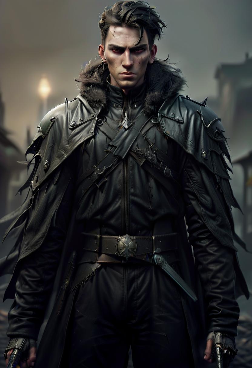  dystopian style human male warlock, simble plain black leather jacket, grey cape, two swords, dark town background . bleak, post apocalyptic, somber, dramatic, highly detailed, civitai