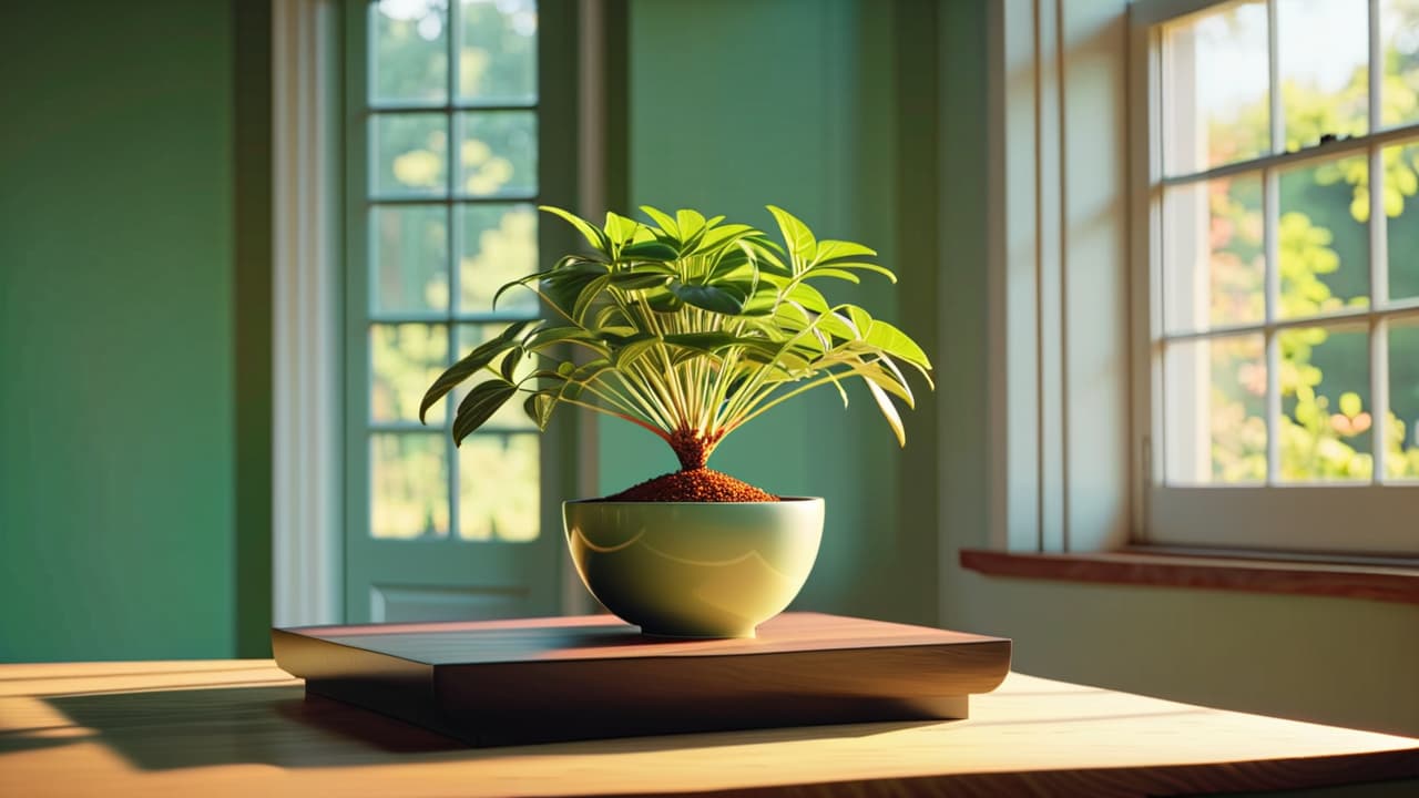  a serene, sunlit room with a single potted plant, a wooden table with one ceramic bowl, and a simple, unmade bed. soft neutral colors and natural light create a calming, uncluttered atmosphere. hyperrealistic, full body, detailed clothing, highly detailed, cinematic lighting, stunningly beautiful, intricate, sharp focus, f/1. 8, 85mm, (centered image composition), (professionally color graded), ((bright soft diffused light)), volumetric fog, trending on instagram, trending on tumblr, HDR 4K, 8K