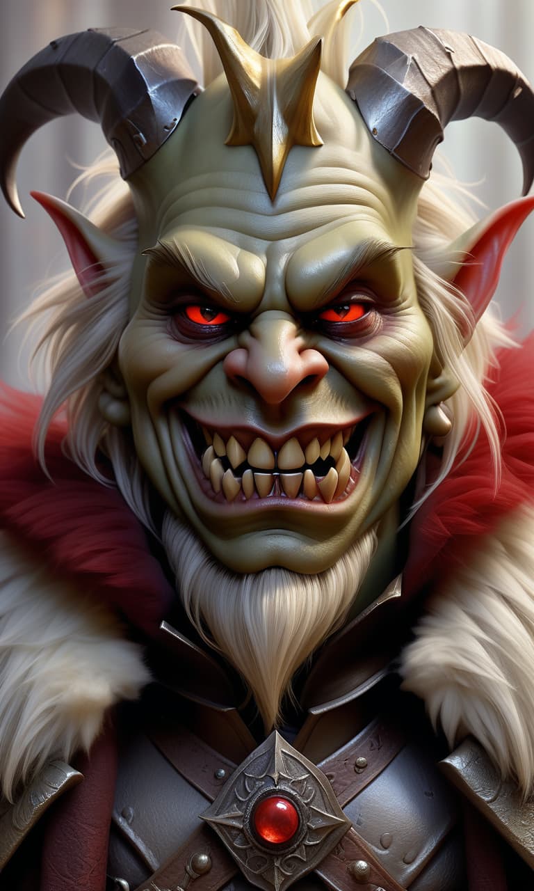  hyperrealistic art an evil goblin king, a crown on his head, with a small beard, red eyes, an evil grin on his face, a mantle with a fluffy collar, a large axe on his shoulder, a sporty physique. . extremely high resolution details, photographic, realism pushed to extreme, fine texture, incredibly lifelike, perfecteyes, hkmagic