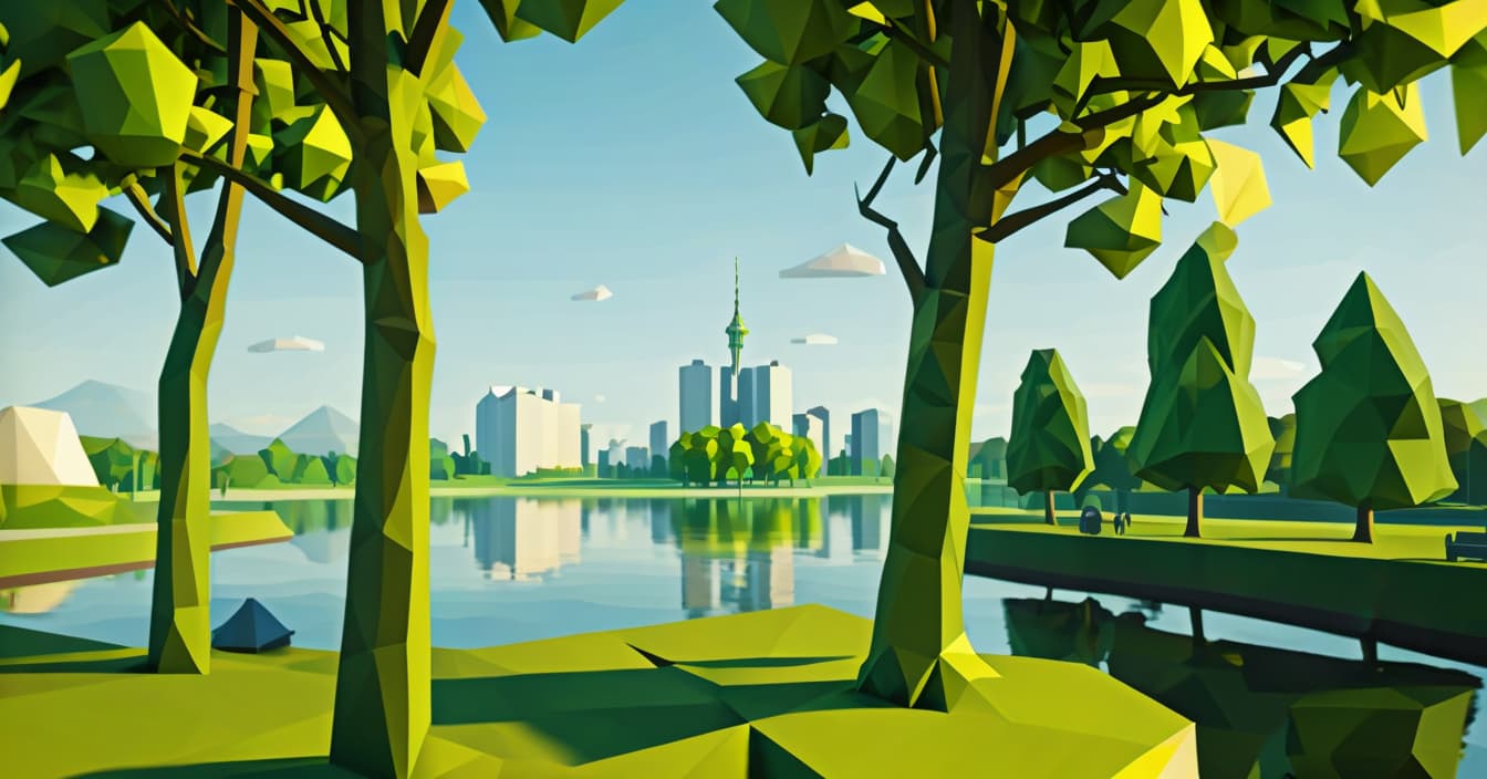  low poly style realistic landscape, metropolis in the distance, left linden tree and right linden tree, sunny summer day, wide angle camera, park, lake reflects trees, cinematic, bottom view . low poly game art, polygon mesh, jagged, blocky, wireframe edges, centered composition